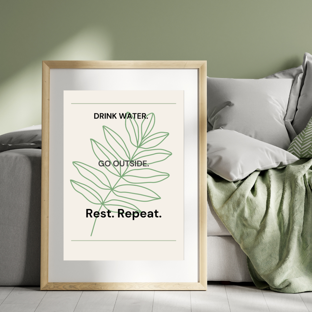 Minimalist Wellness Wall Art Print — Drink Water Go Outside Rest Repeat — Instant Download