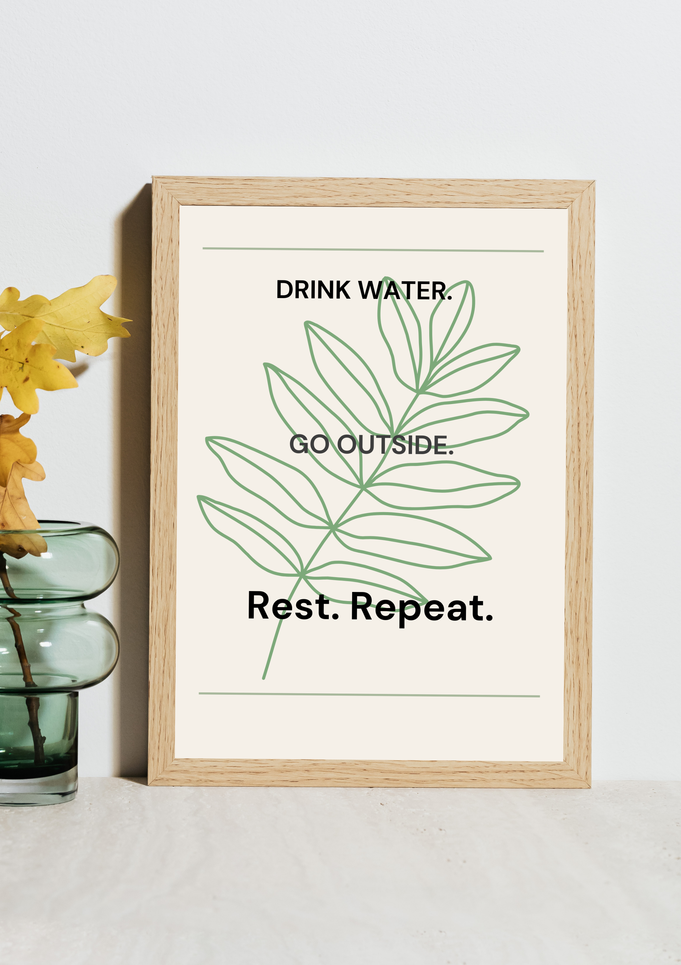 Minimalist Wellness Wall Art Print — Drink Water Go Outside Rest Repeat — Instant Download